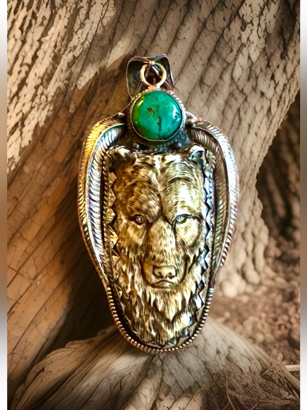 Hand Carved Large Bear Face Art Bone Pendant Set In Silver & Turquoise 4.7in,58g